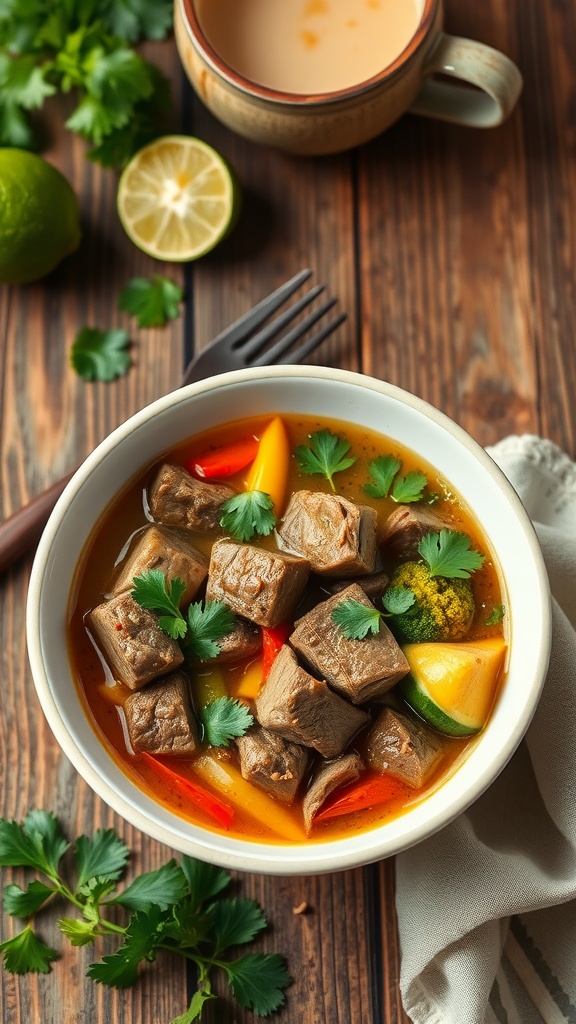 A bowl of Keto Thai Beef Stew with tender beef, coconut broth, garnished with cilantro, on a rustic table.